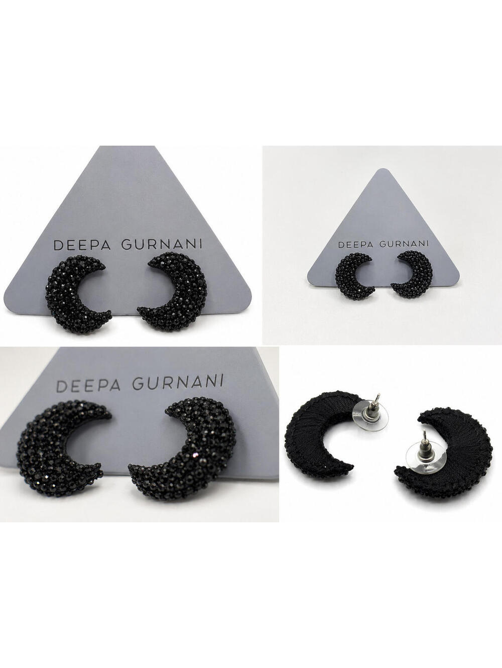 Deepa Gurnani Black Beaded Crescent Earrings Statement Crystal Hoop Boho Luxe
